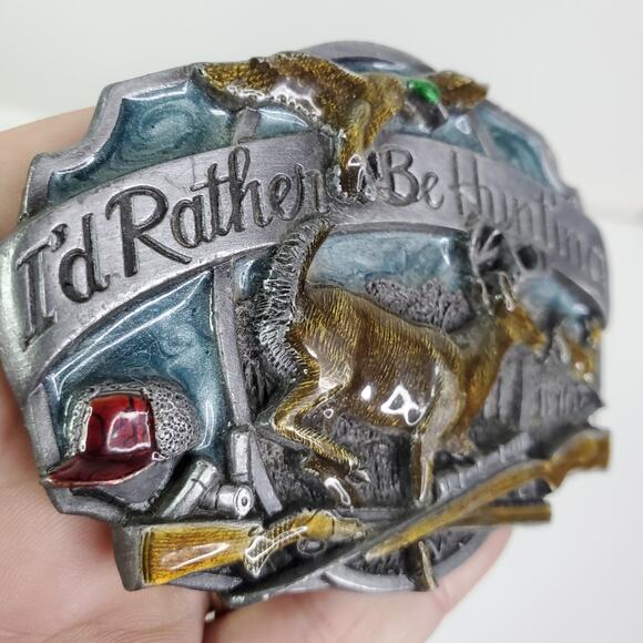 Vtg Siskiyou Belt Buckle I'd Rather Be Hunting Deer Buck Duck Rifle Guns 1987 3" - Picture 9 of 12